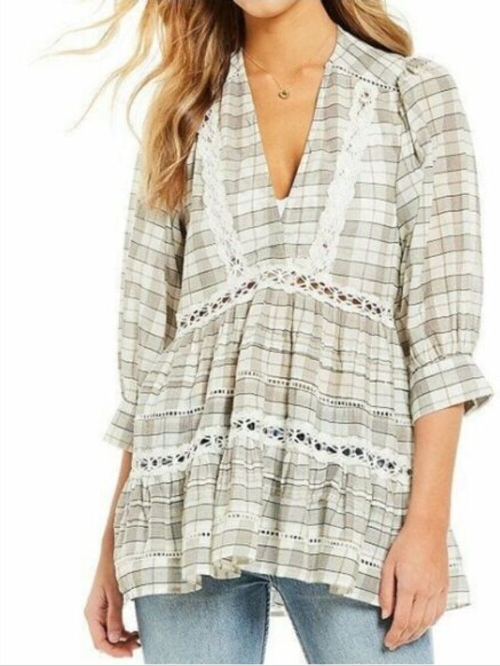 Free People Cream and Gray Plaid Time Out Babydoll Lace-Trim V-Neck Tunic Boho